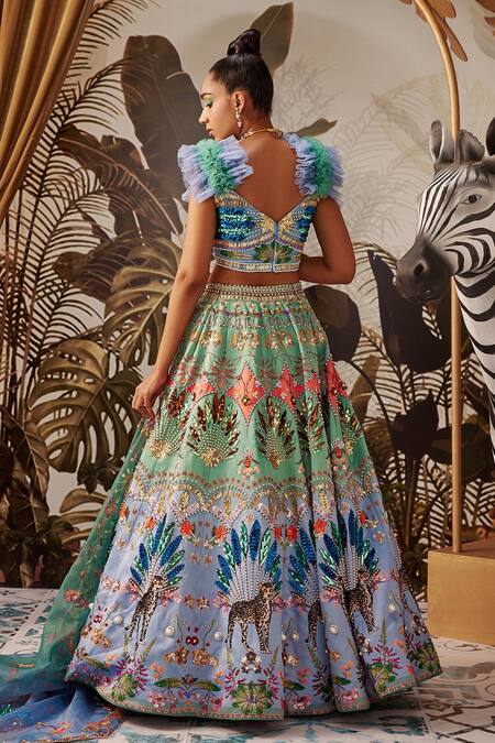 Shop_Payal & Zinal_Blue Imported Satin And Organza & Embroidery Floral Leaf Lehenga Set _at_Aza_Fashions