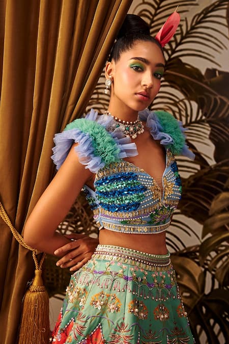 Shop_Payal & Zinal_Blue Imported Satin And Organza & Embroidery Floral Leaf Lehenga Set _Online_at_Aza_Fashions