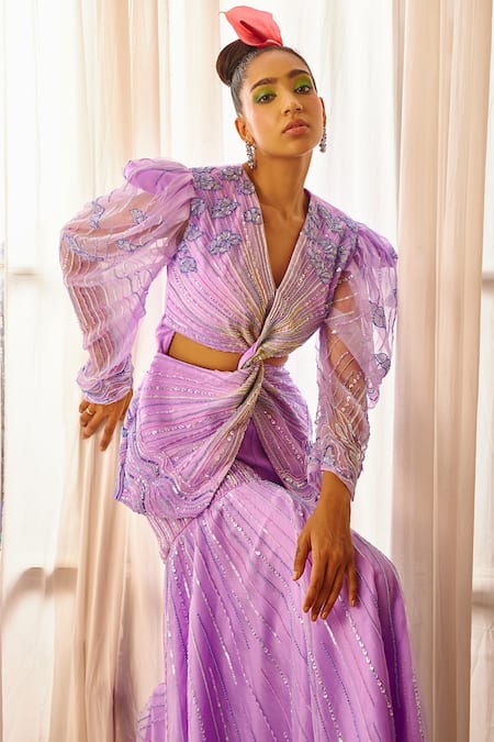 Shop_Payal & Zinal_Purple Organza And Crepe Embroidery Sequin V Neck Top & Sharara Set _Online_at_Aza_Fashions