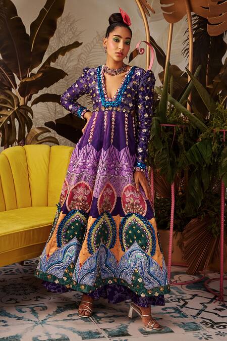 Payal & Zinal_Purple Imported , Spun And Organza Embroidered Anarkali & Pant Set _Online_at_Aza_Fashions