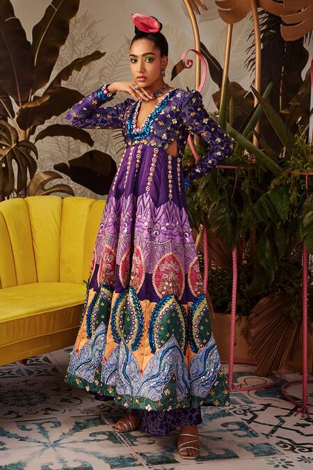 Buy_Payal & Zinal_Purple Imported , Spun And Organza Embroidered Anarkali & Pant Set _Online_at_Aza_Fashions
