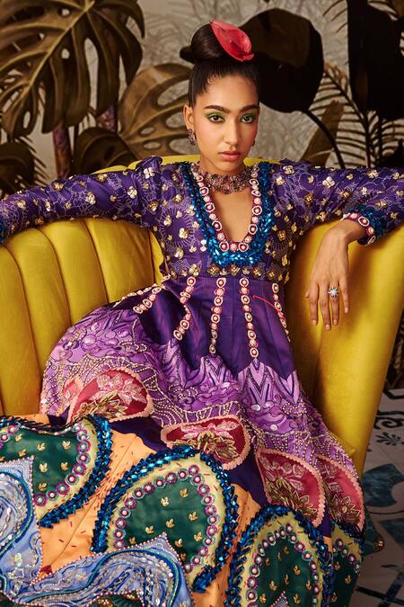 Shop_Payal & Zinal_Purple Imported , Spun And Organza Embroidered Anarkali & Pant Set _Online_at_Aza_Fashions