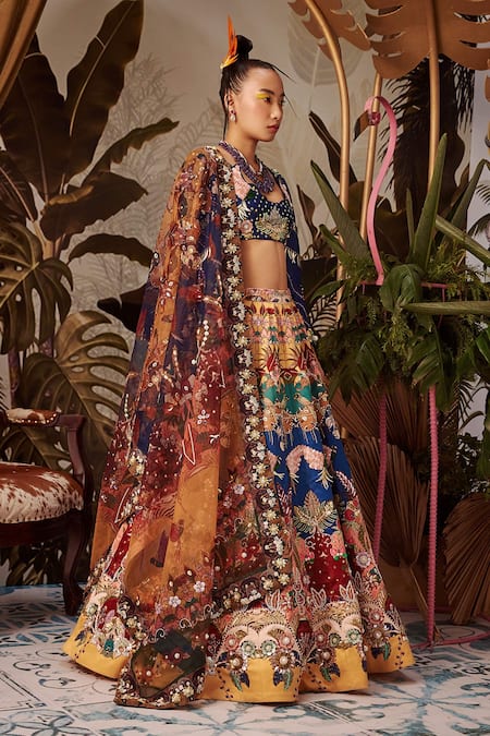 Payal & Zinal_Yellow Imported , Spun And Organza Cutdana, Floral Print, Lehenga Set _Online_at_Aza_Fashions