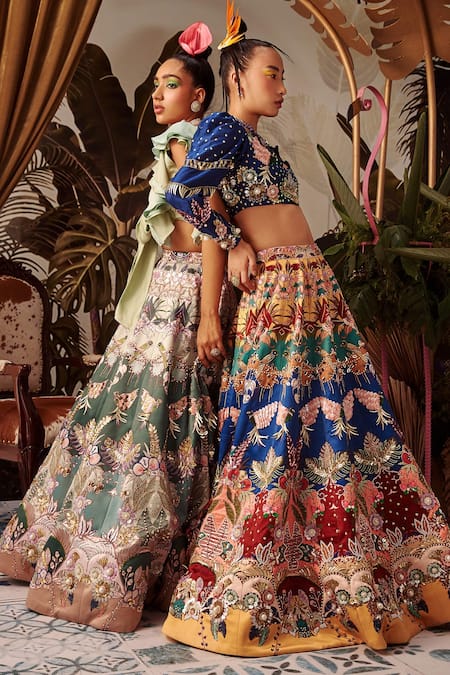 Buy_Payal & Zinal_Yellow Imported , Spun And Organza Cutdana, Floral Print, Lehenga Set _Online_at_Aza_Fashions