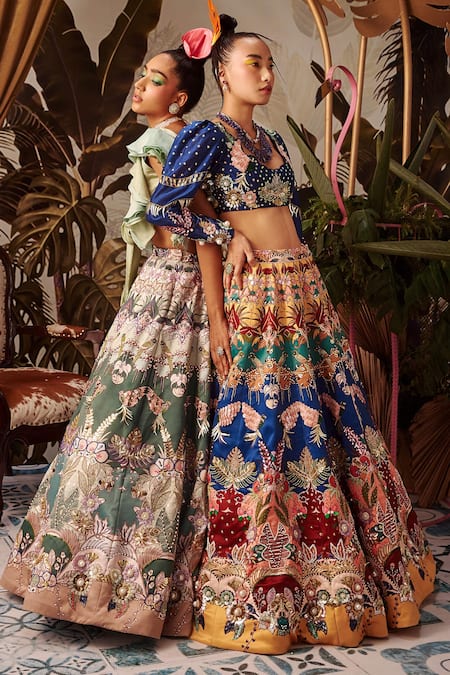Shop_Payal & Zinal_Yellow Imported , Spun And Organza Cutdana, Floral Print, Lehenga Set _Online_at_Aza_Fashions