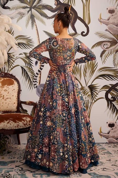 Shop_Payal & Zinal_Blue Organza And Gaji Silk Cutdana, Floral Embroidered Long Cape & Skirt Set _at_Aza_Fashions