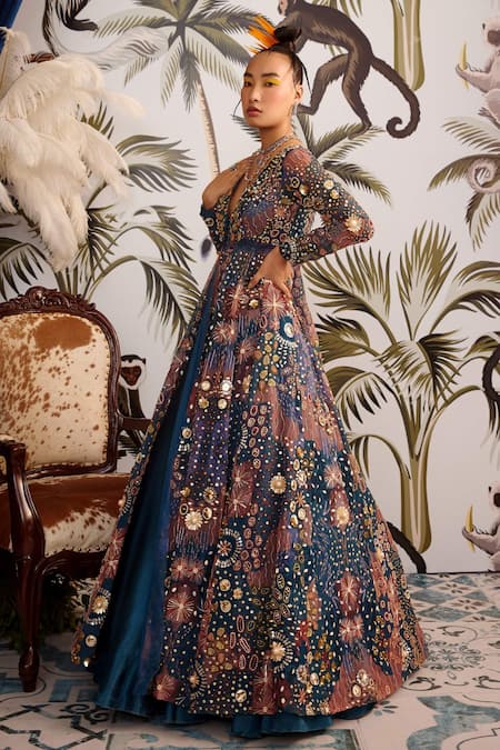 Payal & Zinal_Blue Organza And Gaji Silk Cutdana, Floral Embroidered Long Cape & Skirt Set _Online_at_Aza_Fashions