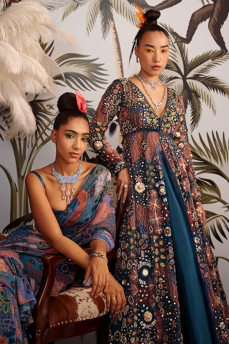 Payal & Zinal_Blue Georgette And Gaji Silk Floral Print Square Neck Saree With Blouse _Online_at_Aza_Fashions