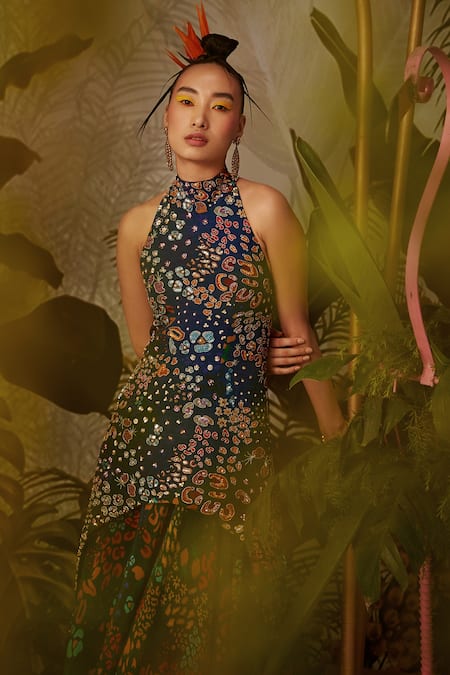 Payal & Zinal_Blue Italian Crepe Abstract Print, Sequin, Bugle Beads And Neck Kurta & Skirt Set _Online_at_Aza_Fashions