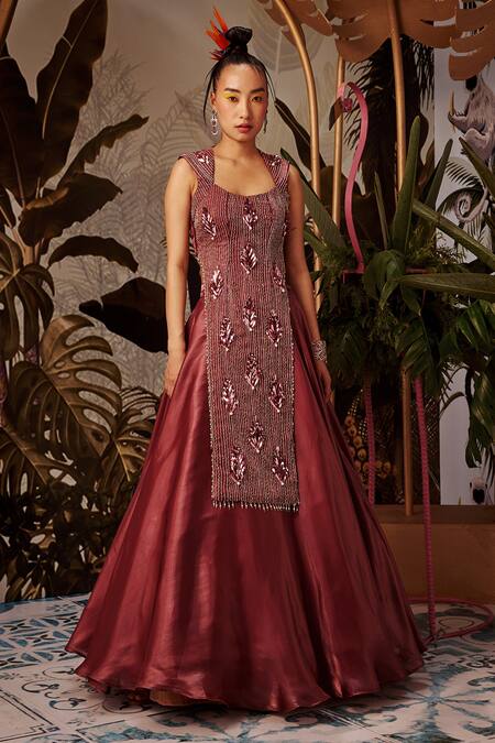 Shop_Payal & Zinal_Maroon Imported Organza Cutdana, Bugle Beads And Embroidered Kurta & Skirt Set _at_Aza_Fashions