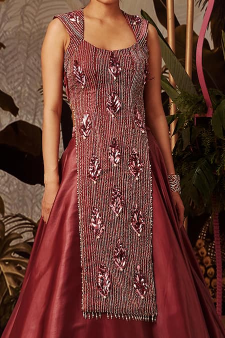Payal & Zinal_Maroon Imported Organza Cutdana, Bugle Beads And Embroidered Kurta & Skirt Set _Online_at_Aza_Fashions