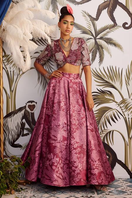 Buy_Payal & Zinal_Maroon Spun Satin And Net & Embroidery Leaf V Neck Lehenga Set _Online_at_Aza_Fashions
