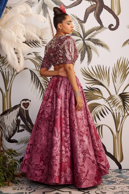 Payal & Zinal_Maroon Spun Satin And Net & Embroidery Leaf V Neck Lehenga Set _Online_at_Aza_Fashions