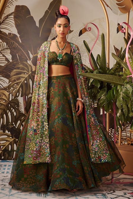 Buy_Payal & Zinal_Green Organza And Italian Crepe Abstract Print, Embroidered Cape & Skirt Set _Online_at_Aza_Fashions