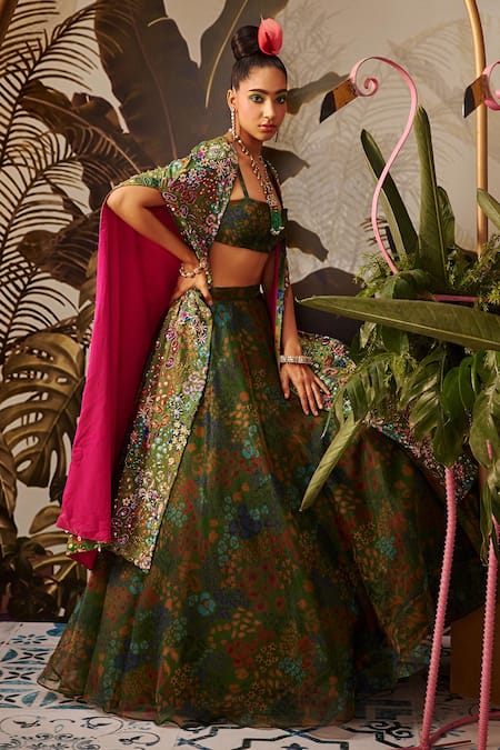 Shop_Payal & Zinal_Green Organza And Italian Crepe Abstract Print, Embroidered Cape & Skirt Set _Online_at_Aza_Fashions
