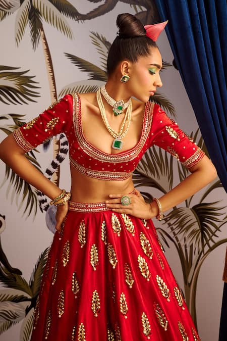 Payal & Zinal_Red Gaji Silk And Net Beads & Sequin, Metal Stripes Embroidered Bridal Lehenga Set _Online_at_Aza_Fashions