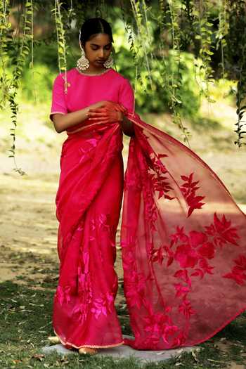 Aikeyah_Pink Nysa Organza Saree With Blouse_Online_at_Aza_Fashions