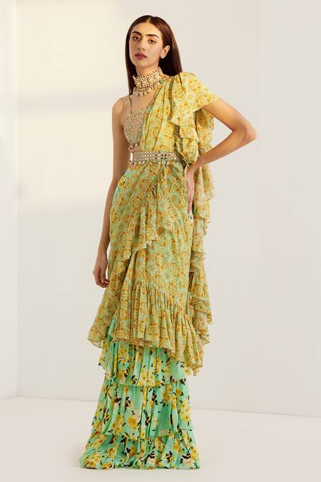 Buy_Prints By Radhika_Blue Georgette Lining Shantoon Print And Pre-draped Saree With Blouse _Online_at_Aza_Fashions