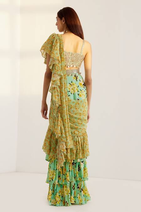 Shop_Prints By Radhika_Blue Georgette Lining Shantoon Print And Pre-draped Saree With Blouse _at_Aza_Fashions