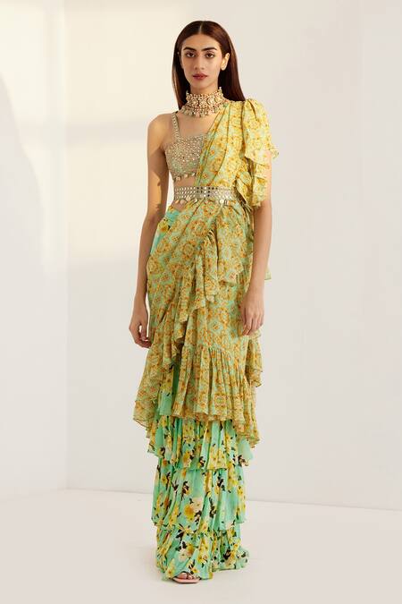 Shop_Prints By Radhika_Blue Georgette Lining Shantoon Print And Pre-draped Saree With Blouse _Online_at_Aza_Fashions