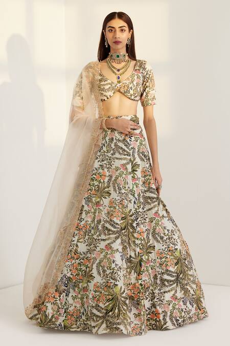 Prints By Radhika_White Silk Lining Shantoon Print And Embroidery Floral Lehenga Set _Online_at_Aza_Fashions