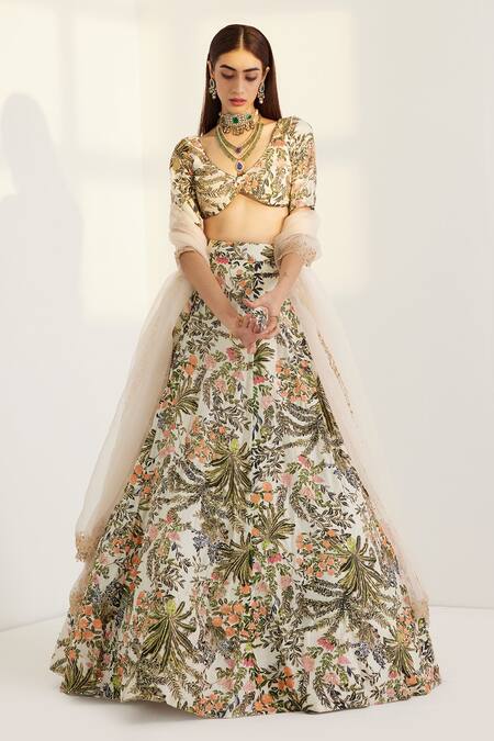 Buy_Prints By Radhika_White Silk Lining Shantoon Print And Embroidery Floral Lehenga Set _Online_at_Aza_Fashions