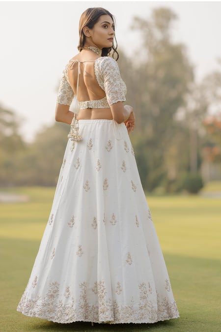 Shop_Anupraas By Nishant And Rahul_White Organza, Bamberg Silk Floral, Zardozi Round Embroidered Bridal Lehenga Set _at_Aza_Fashions