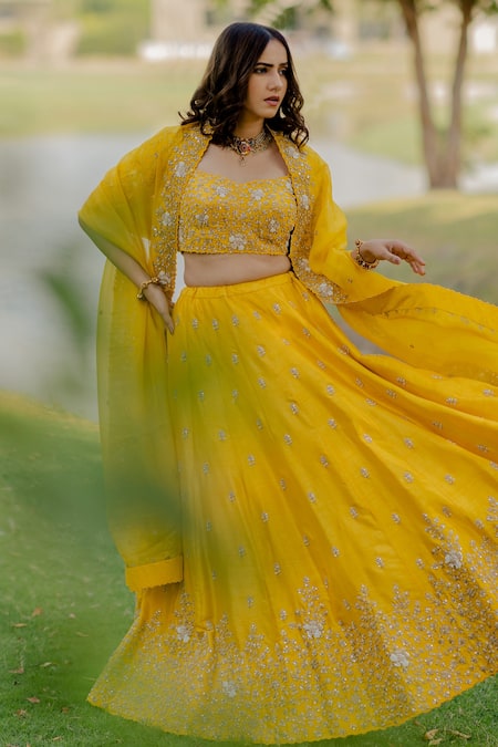 Sunita Bhandari Pre-draped Lehenga Saree With Blouse | Women, Sarees,  Lehenga Sarees, Pre-draped Sarees, Yellow, Fl… | Lehenga saree, Blouses for  women, Aza fashion