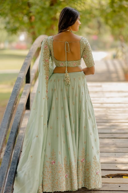Shop_Anupraas By Nishant And Rahul_Green Organza, Bamberg Silk Dori, Floral, Zardozi Embellished Bridal Lehenga Set _at_Aza_Fashions