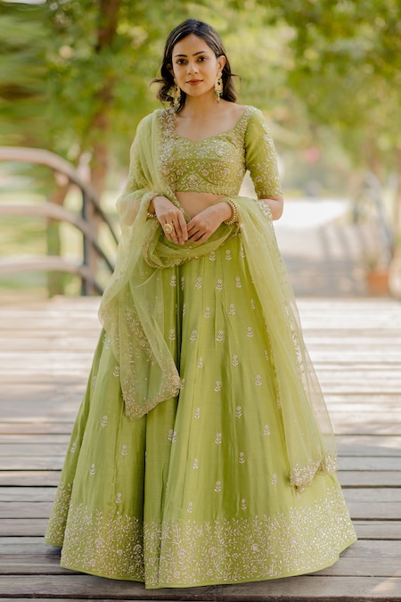 Beautiful Yellow and Green colored printed Lehenga Set - Rent