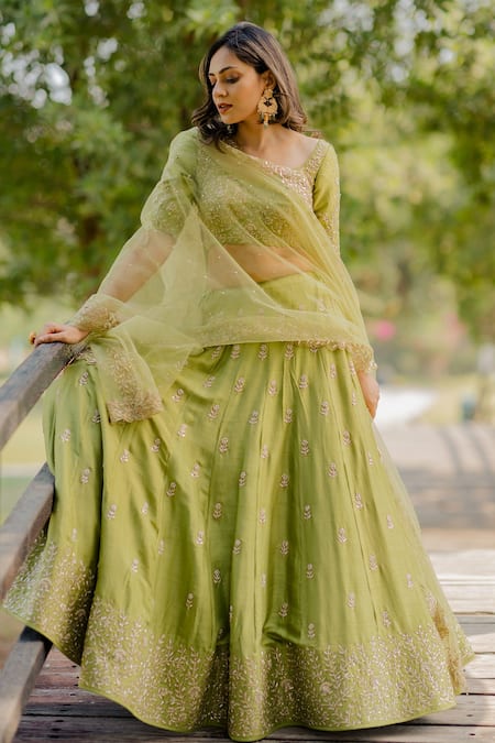 Anupraas By Nishant And Rahul_Green Net, Bamberg Silk Floral, Zardozi Embroidered Bridal Lehenga Set _Online_at_Aza_Fashions