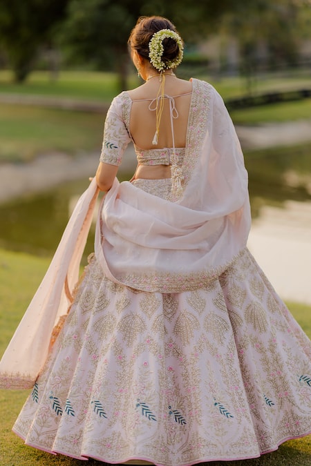 Shop_Anupraas By Nishant And Rahul_Pink Organza, Bamberg Silk Floral, Scallop, Embroidered Bridal Lehenga Set _at_Aza_Fashions