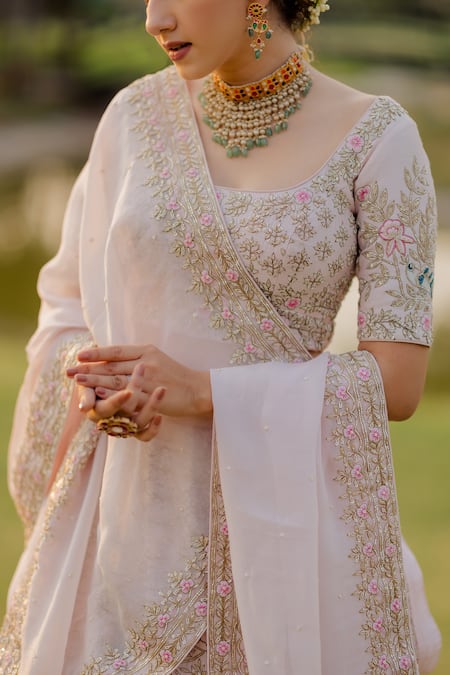 Buy_Anupraas By Nishant And Rahul_Pink Organza, Bamberg Silk Floral, Scallop, Embroidered Bridal Lehenga Set _Online_at_Aza_Fashions