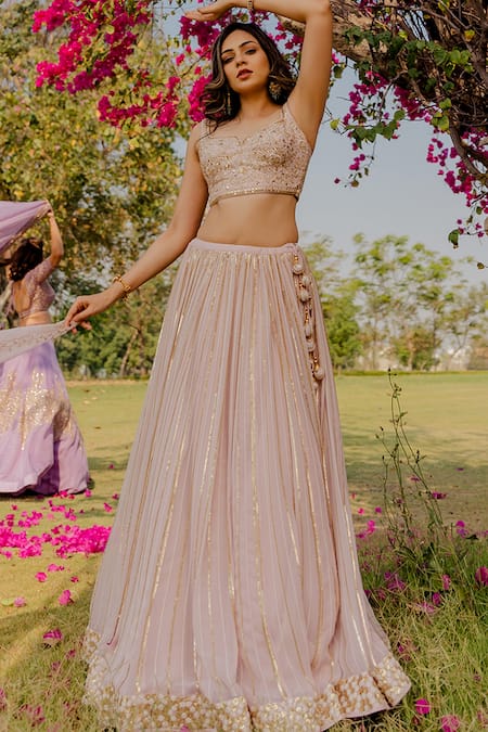 Anupraas by Nishant and Rahul Pink Organza Embroidered Sequin Sweetheart Neck Lehenga Set 
