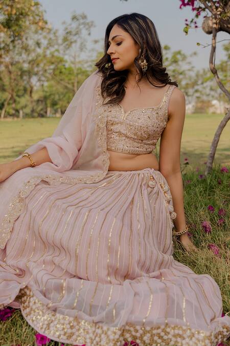 Anupraas By Nishant And Rahul_Pink Organza, Georgette Sequin Sweetheart Neck Embroidered Lehenga Set _Online_at_Aza_Fashions