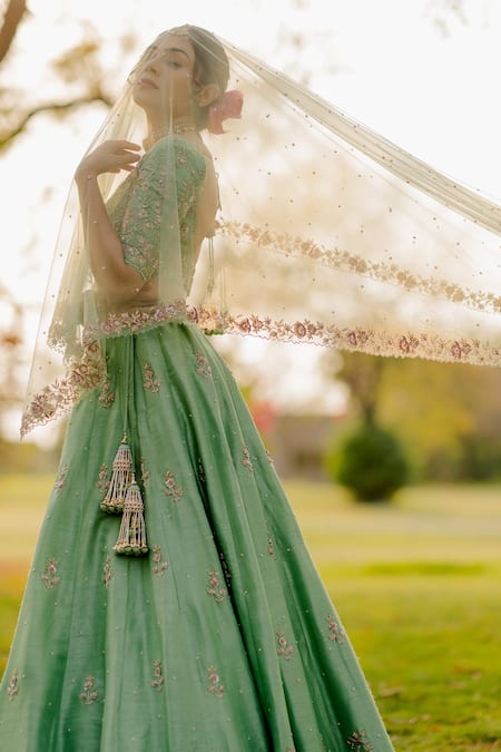 Anupraas By Nishant And Rahul Green Net, Bamberg Silk Cutdana, Floral, Sequin Embroidered Bridal Lehenga Set Online at Aza Fashions Anupraas By Nishant And Rahul_Green Net, Bamberg Silk Cutdana, Floral, Sequin Embroidered Bridal Lehenga Set _Online_at_Aza_Fashions