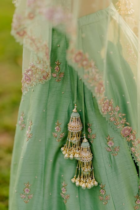 Shop Anupraas By Nishant And Rahul Green Net, Bamberg Silk Cutdana, Floral, Sequin Embroidered Bridal Lehenga Set Online at Aza Fashions Shop_Anupraas By Nishant And Rahul_Green Net, Bamberg Silk Cutdana, Floral, Sequin Embroidered Bridal Lehenga Set _Online_at_Aza_Fashions