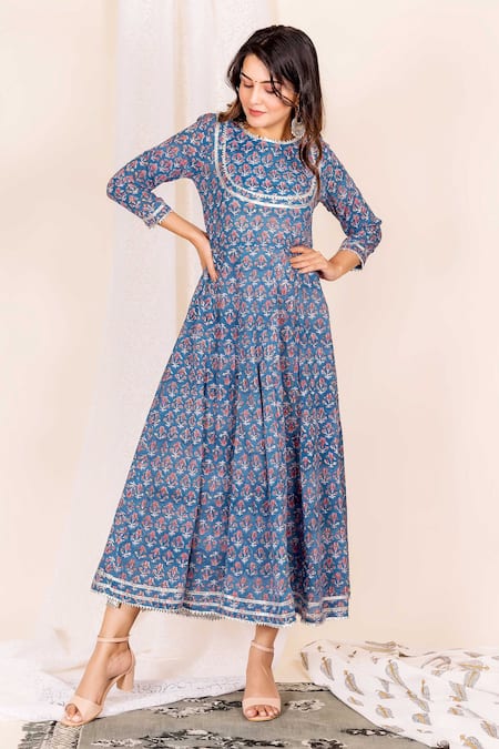 Buy Blue Cotton Hand Block Round Midi Dress For Women by Missprint ...