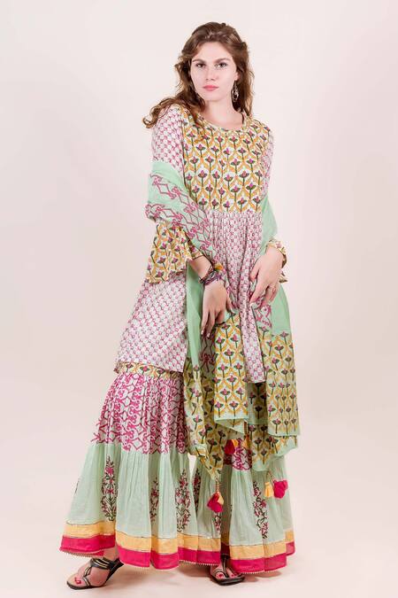 Missprint Multi Color Cotton Gota Work, Hand Block Print Round Sharara Set