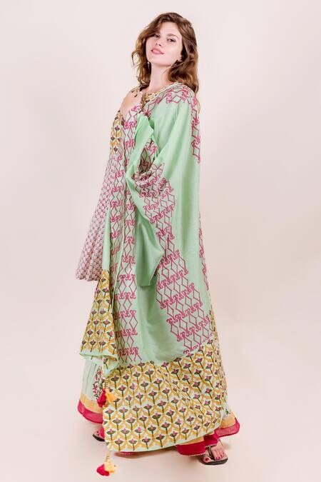 Missprint_Multi Color Cotton Gota Work, Hand Block Print Round Sharara Set_Online_at_Aza_Fashions