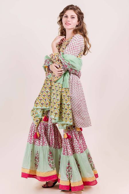 Buy_Missprint_Multi Color Cotton Gota Work, Hand Block Print Round Sharara Set_Online_at_Aza_Fashions
