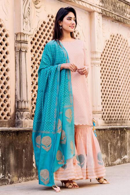 Missprint Peach Cotton, Chanderi Gota Work, Hand Block Print Round Kurta Sharara Set Online at Aza Fashions Missprint_Peach Cotton, Chanderi Gota Work, Hand Block Print Round Kurta Sharara Set _Online_at_Aza_Fashions