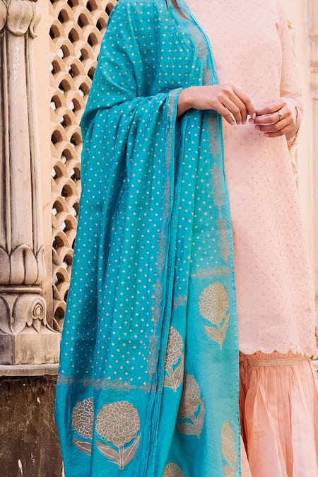 Shop Missprint Peach Cotton, Chanderi Gota Work, Hand Block Print Round Kurta Sharara Set Online at Aza Fashions Shop_Missprint_Peach Cotton, Chanderi Gota Work, Hand Block Print Round Kurta Sharara Set _Online_at_Aza_Fashions