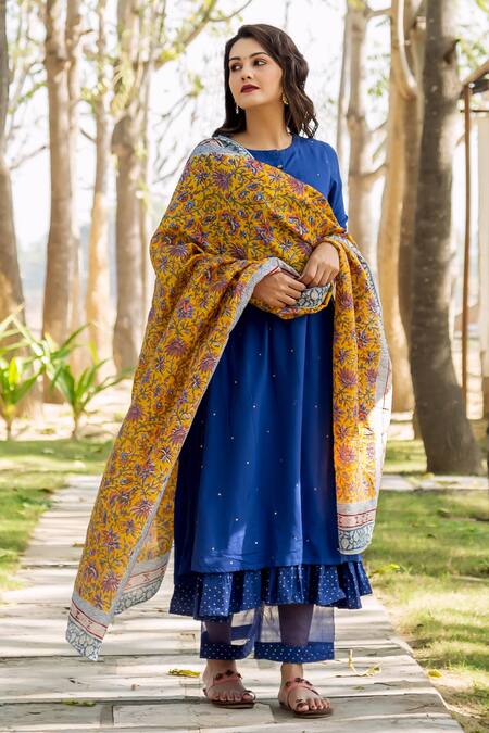 Missprint_Blue Organza, Chanderi, Modal Sequin Work Round Layered Kurta Set _Online_at_Aza_Fashions