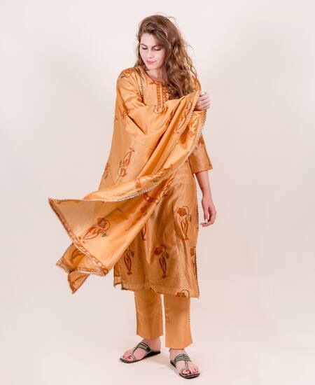 Buy_Missprint_Beige Cotton, Chanderi Floral Print, Gota Work Round Kurta Set_Online_at_Aza_Fashions