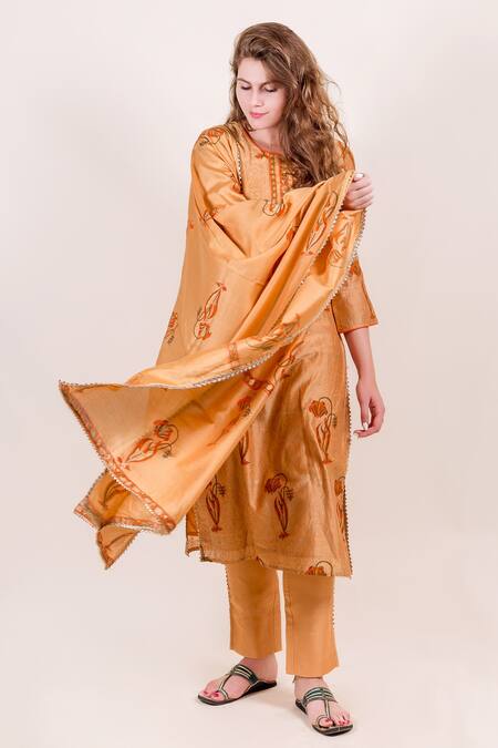 Shop_Missprint_Beige Cotton, Chanderi Floral Print, Gota Work Round Kurta Set_Online_at_Aza_Fashions