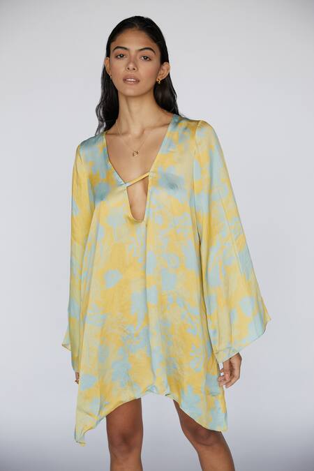Deme By Gabriella_Yellow Satin Floral Print V Neck Dress_Online_at_Aza_Fashions