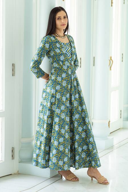 Rivaaj Clothing_Blue Hand Block Print Jacket And Kurta Set _Online_at_Aza_Fashions