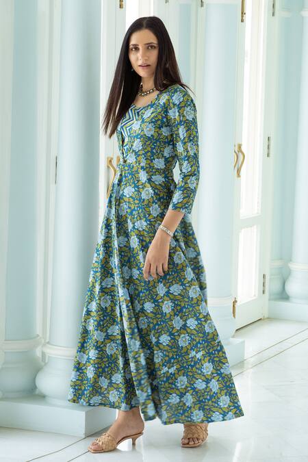 Buy_Rivaaj Clothing_Blue Hand Block Print Jacket And Kurta Set _Online_at_Aza_Fashions