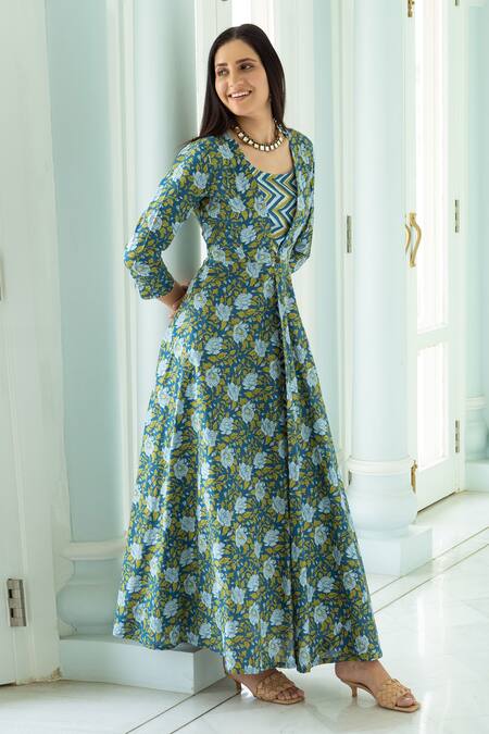 Shop_Rivaaj Clothing_Blue Hand Block Print Jacket And Kurta Set _Online_at_Aza_Fashions